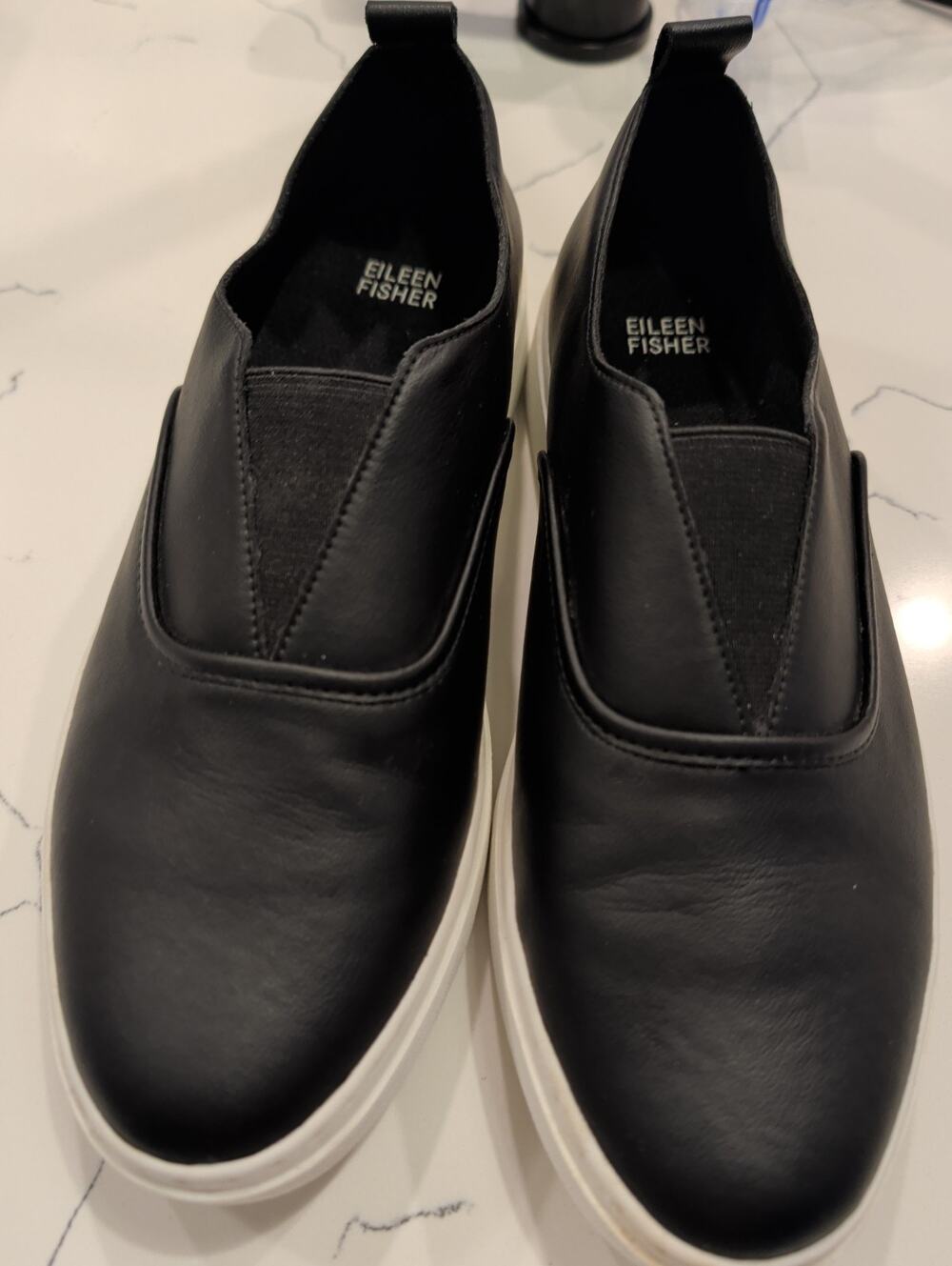 Eileen Fisher Byrdy Black Leather Slip On Sneakers Shoes Womens Size 9.5
